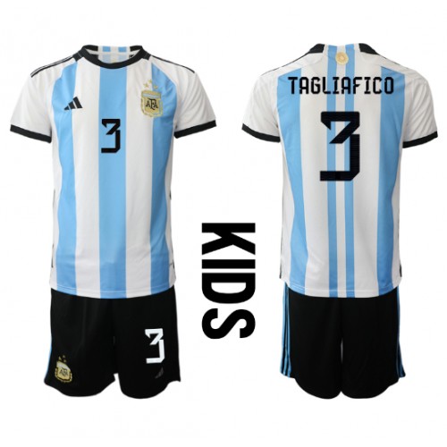 Dres Argentina Nicolas Tagliafico #3 Domaci za djecu SP 2022 Kratak Rukav (+ kratke hlače)